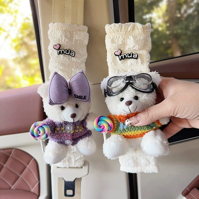 Seat belt shoulder pad – Puff Belt Cover Car Interior - white-bear-lollipop-purple-sweater-white-bear-color-sweater-lollipop-one-puff-plaid-shoulder-protector