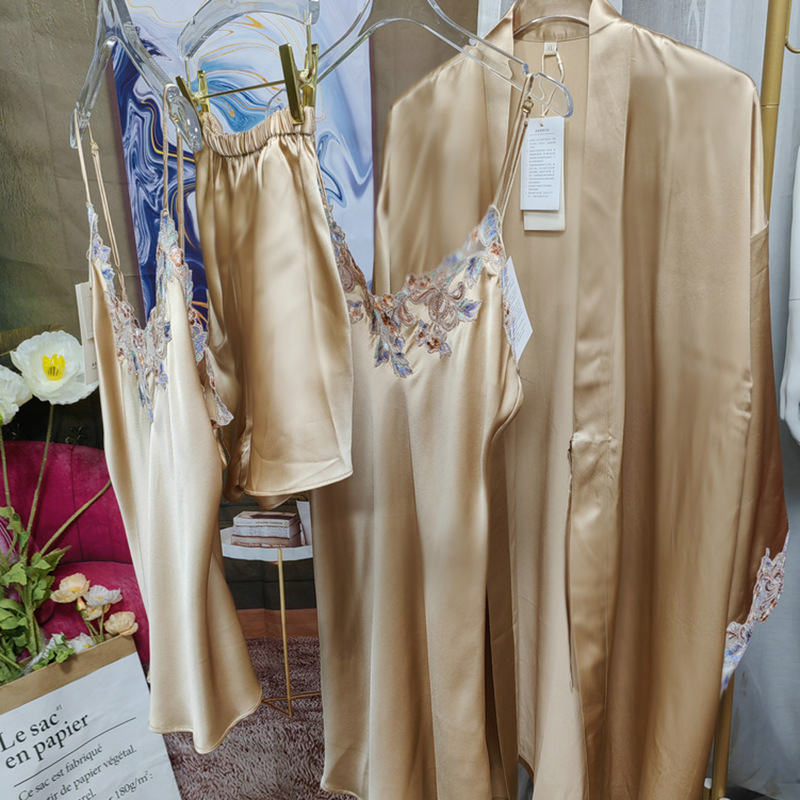 Gold Camel Color 2026 New Model Lp Heavyweight Silk Pajamas 00 Mulberry Silk Nightgown with Straps and Lace Morning Bathrobe Set