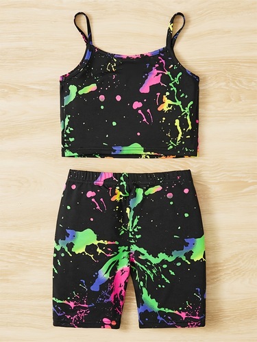 International Foreign Trade INS Girl's Fashion Tie-Dye Full Print Print Set Outdoor Sports Tank Top Suitable for 1-8 Years Old Trendy Style