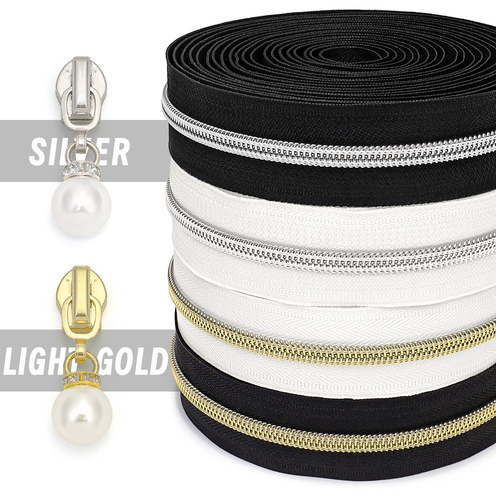 5号尼龙银牙浅金牙箱包拉链4.5米+10个镶钻珍珠拉头+止口配件=1包