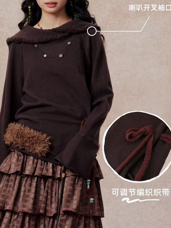 游牧系列早乙女惠子Saotome 日系复古套头毛边翻领长袖卫衣|undefined