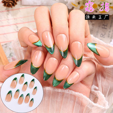 跨境法式猫眼手工穿戴甲绿金裸色美甲百搭条纹甲片杏仁型外贸批发