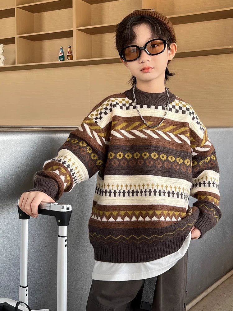 Мальчик свитер осень и зима 2024 новый мальчик средней школы зимняя одежда уличный вязаный свитер
