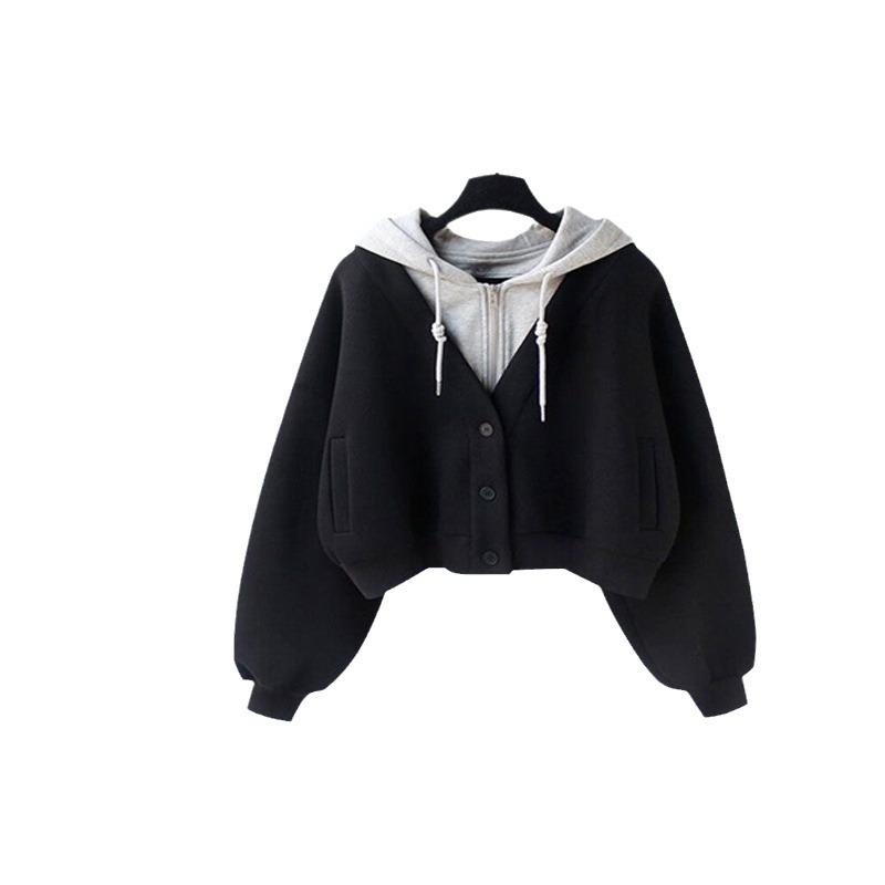 Damenbekleidung Jeansanzug & Archer0603 & zweiteiliger kurzer Kapuzenpullover Herbst-Damen-Spleißen mit schmaler und vielseitiger Wischhose mit weitem Bein_voghion.com