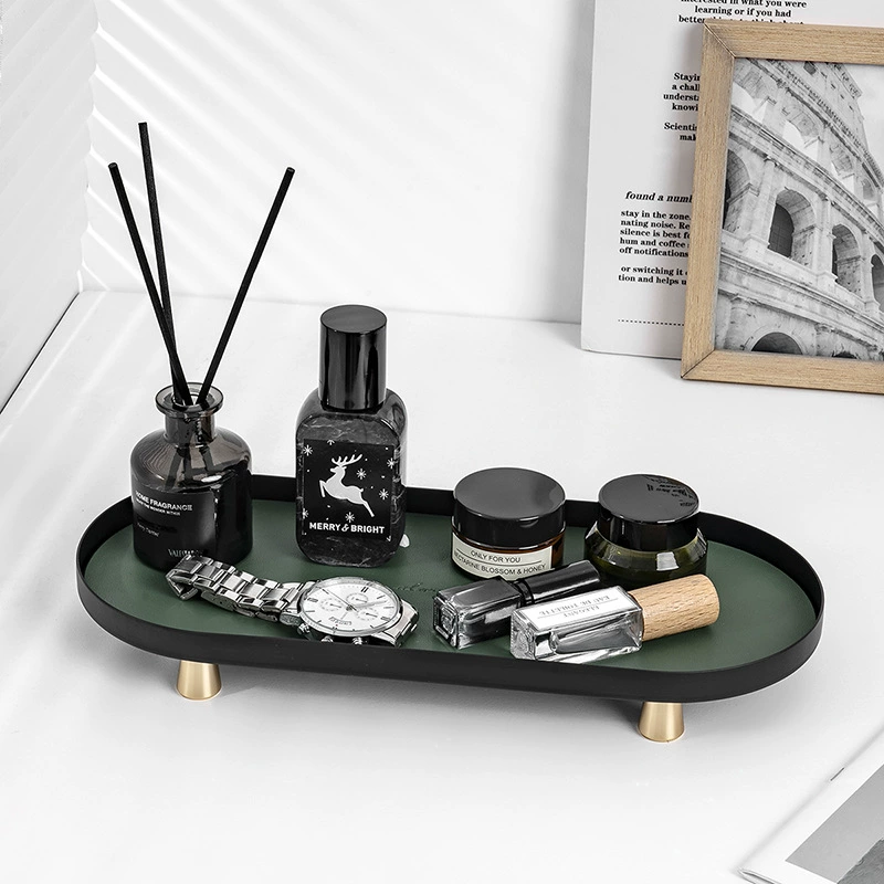 Легкий роскошный железный поднос для хранения из кожи, настольное украшение, поднос для хранения, высокий декоративный поднос для украшений у входа