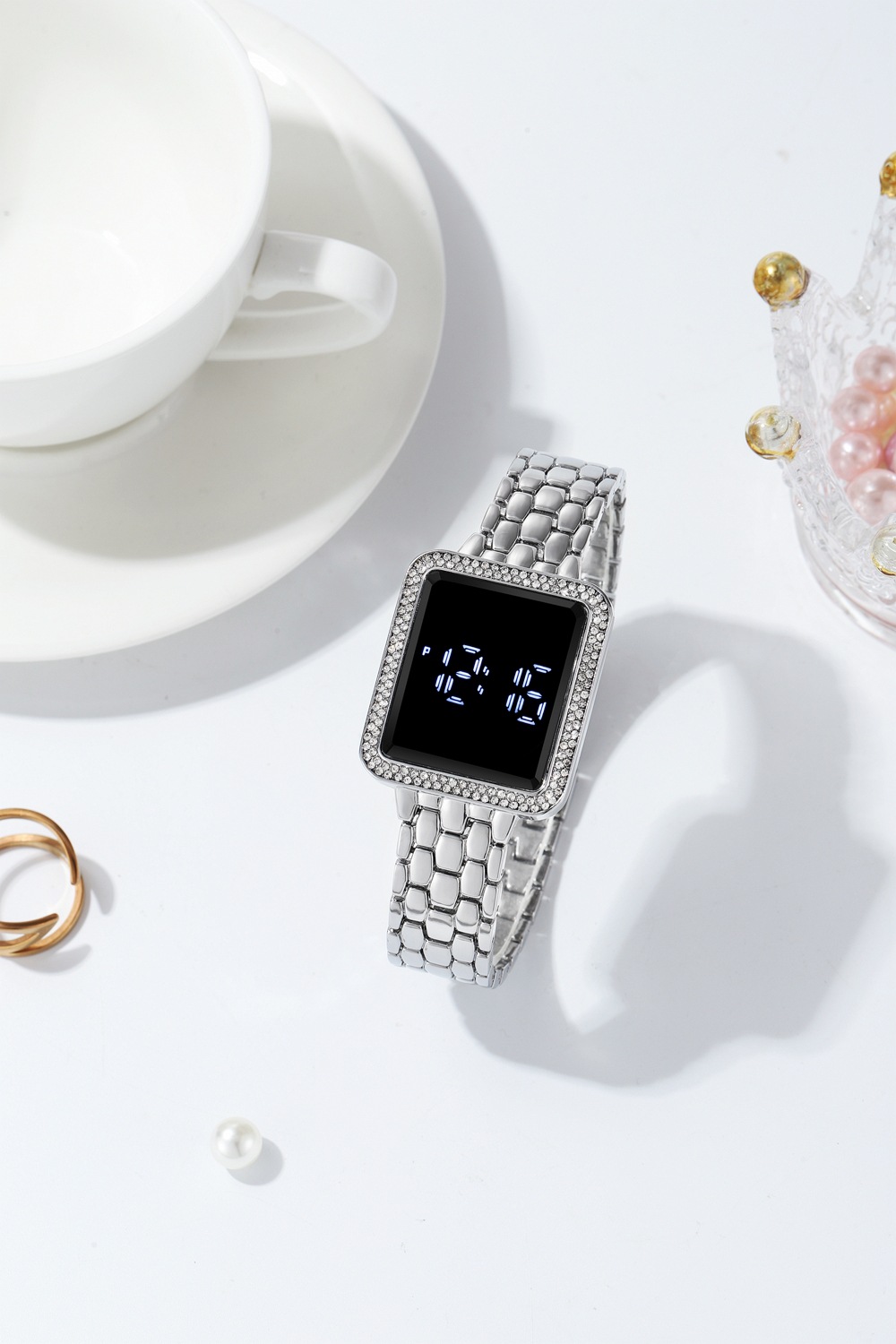 Neues trendiges LED-Display mit Touchscreen, vielseitige elektronische Damenuhr, luxuriöse Diamanteinlage, Ihre Uhr_voghion.com