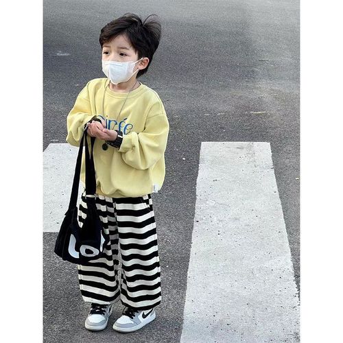 Set of 2: Young Boys Spring & Autumn Hoodie + Striped Wide Leg Pants, Loose Long-Sleeve Hoodie and Striped Pants for Children