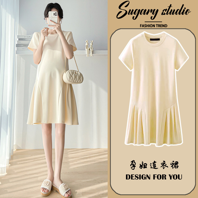 Maternity Dress Summer Short-Sleeved Large Size 2024 New Summer Small Summer Thin Cotton Skirt Summer Style