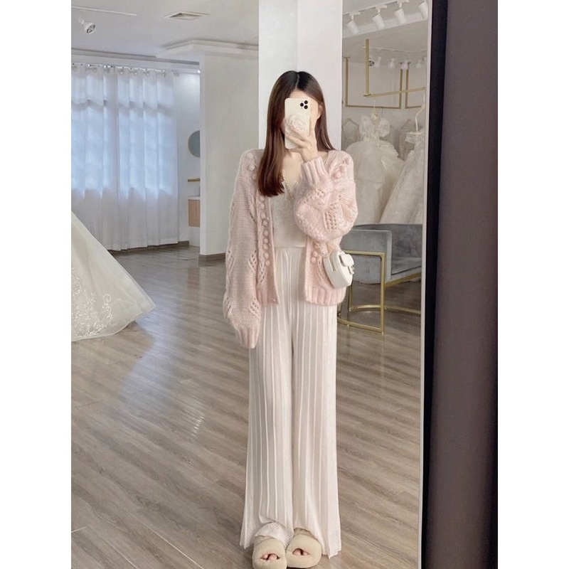 奶系穿搭粉色镂空马海毛毛衣外套开衫女春秋慵懒风上衣软糯针织衫|undefined