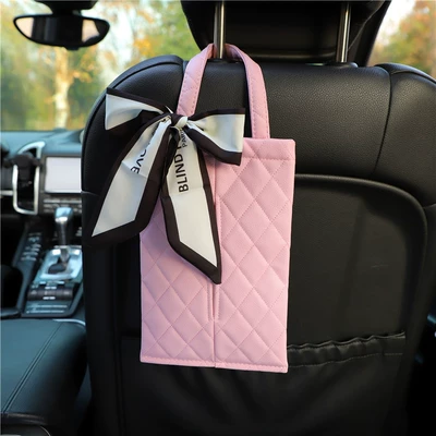 Ribbon Bow Hanging Seat | Car tissue box/set - powder-hanging-rhombic-smoke-black-ribbon