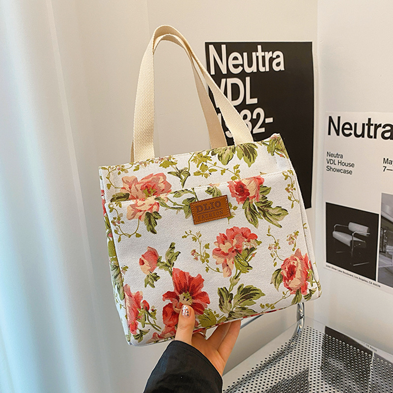 新款質感時尚女包手提印花帆布包加厚大容量便當保溫手提袋小方包