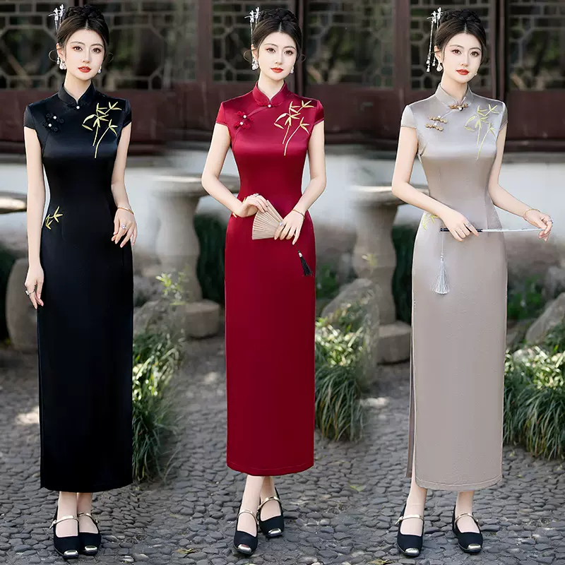 新品短袖醋酸缎亮面刺绣长款旗袍日常年轻妈妈装宴会礼服竹叶