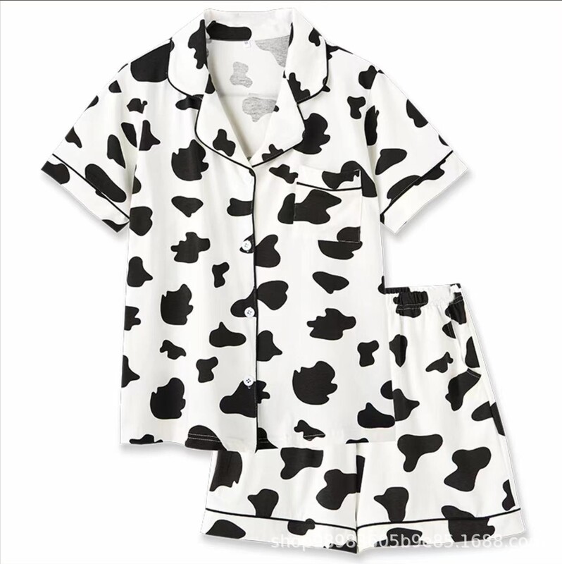 Factory wholesale pajamas women's foreign trade wholesale summer milk silk cartoon short-sleeved shorts cardigan lapel thin foreign trade