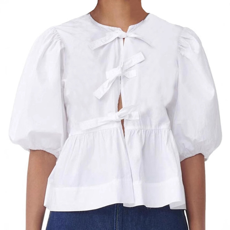 Foreign Trade Cross-border Tie Front Open Doll Top Women's Cute 3/4 Bubble Sleeve Hem Ruffled Shirt