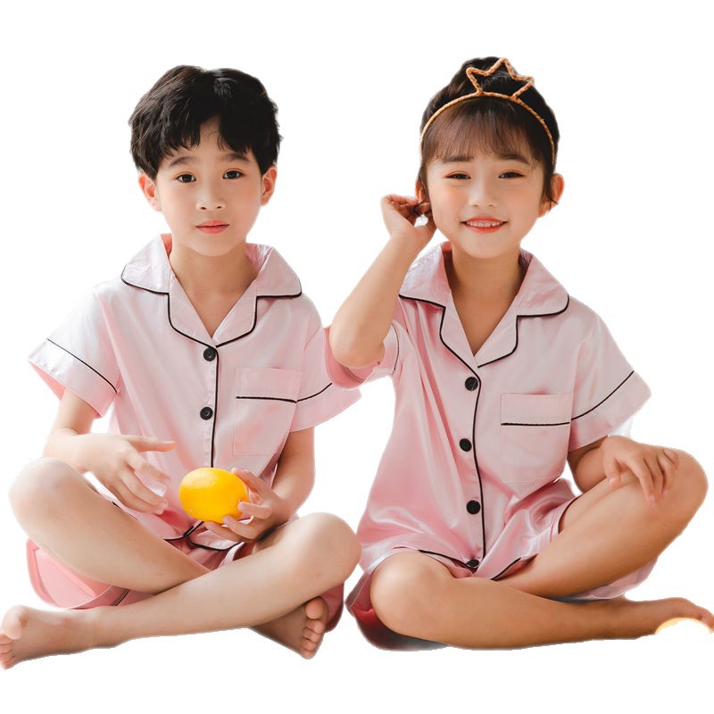 Pijama infantil al por mayor de verano de seda de mangas cortas para niños y niñas de verano ropa delgada para niños de edad media ropa para el hogar de niños transfronteriza
