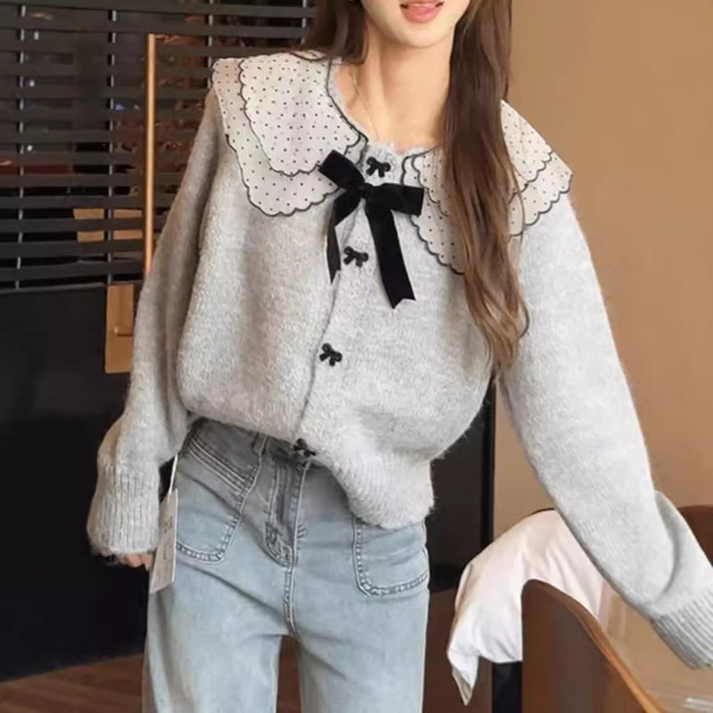 Gentle and Sweet Lace Doll Collar Bow Button Knitted Sweater for Women Autumn and Winter Korean Style Soft Waxy Knitted Cardigan Design Gentle and Sweet Lace Doll Collar Bow Button Knitted Sweater for Women Autumn and Winter Korean Style Soft Waxy Knitted Cardigan Design