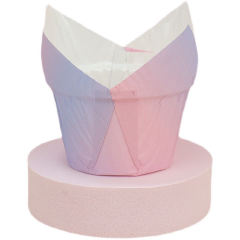 Venta al por mayor Tulip Pink Gradient periódico muffin cake taza de papel resistente a altas temperaturas a prueba de aceite recubierto de encaje muffin titular de papel