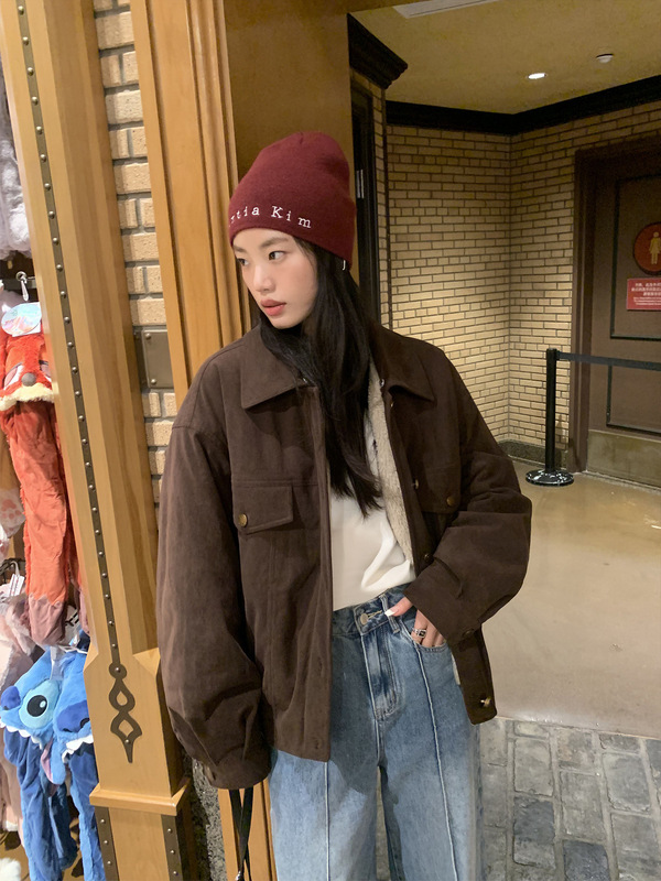 pusumede美式复古灯芯绒外套女秋冬仿羊羔毛翻领棉衣工装夹克上衣|undefined
