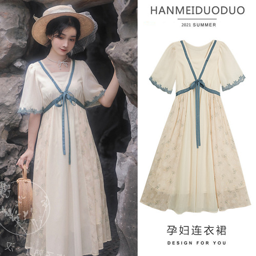Pregnant women's summer outfit, national style retro dress