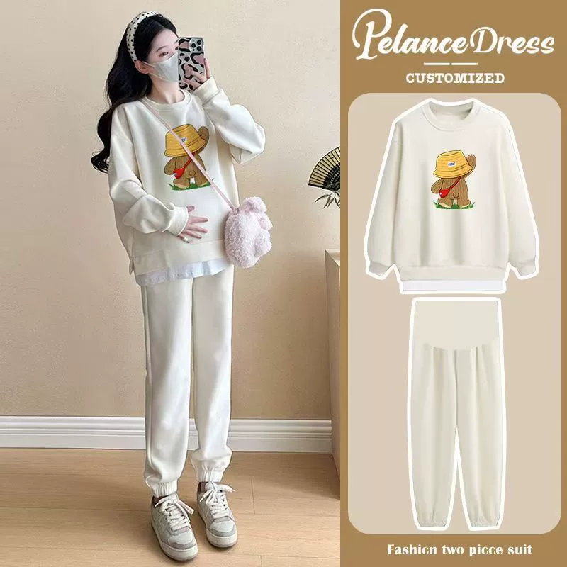 Одежда для беременных осенний набор 2024 новый осенний и зимний свободный, тонкий, поддельные две части повседневных спортивных брюк