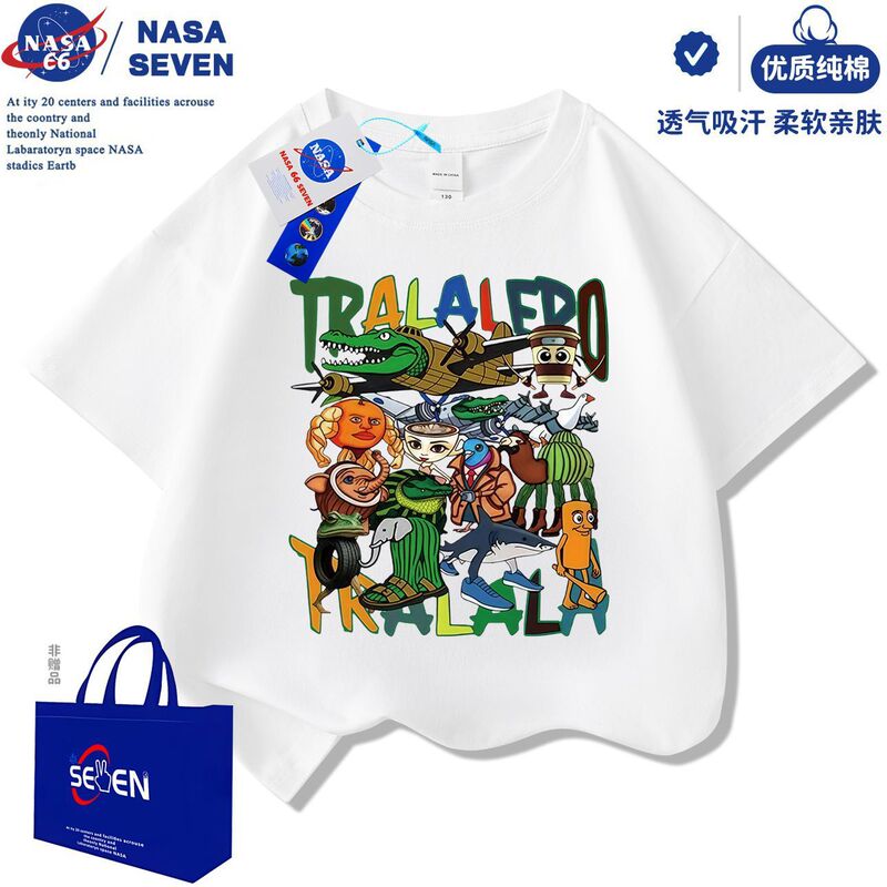 NASA通通哥木棍人儿童短袖国外山海经衣服夏季鲨鱼纯棉T恤中大童|undefined