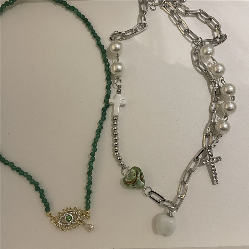 Fashion Bohemian Evil Eye Turquoise Handmade Beaded Pearl Cross Glass Stone Necklace