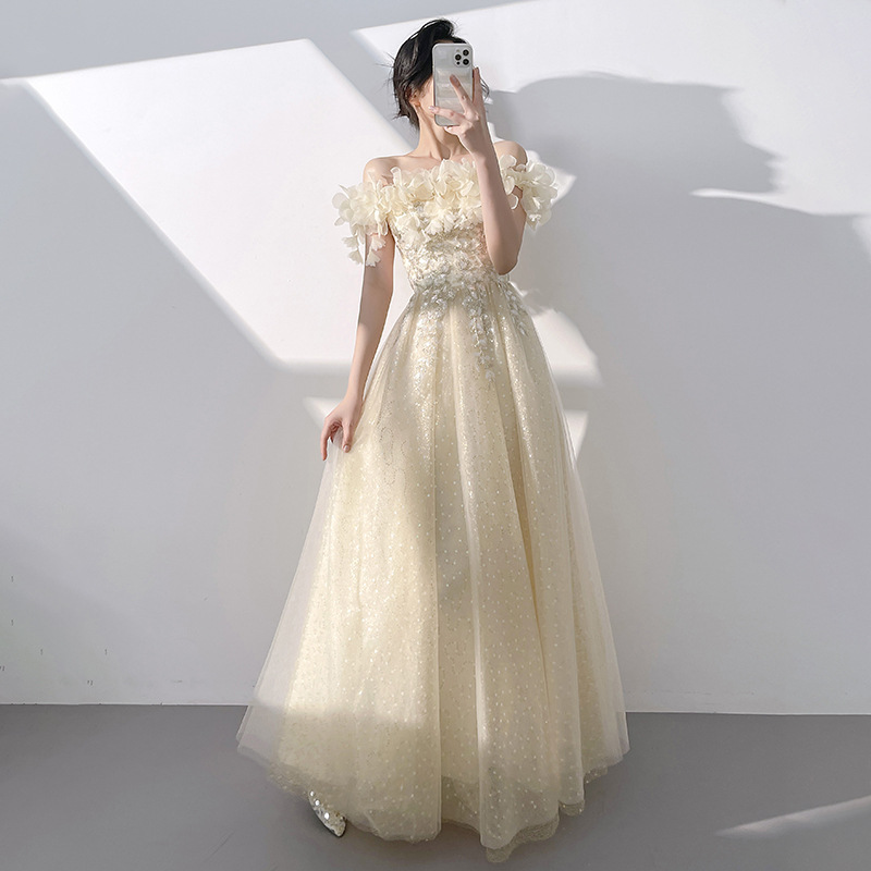 Champagne Evening Dress Women's off-shoulder High-end Birthday Banquet Adult Ceremony Graduation Performance Dress Host High-end