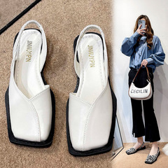 Square Toe Flat Heel Sandals Women 2022 Summer New Korean Version Low Heel Flat Bottom One Foot Kick Elastic Wide Size 