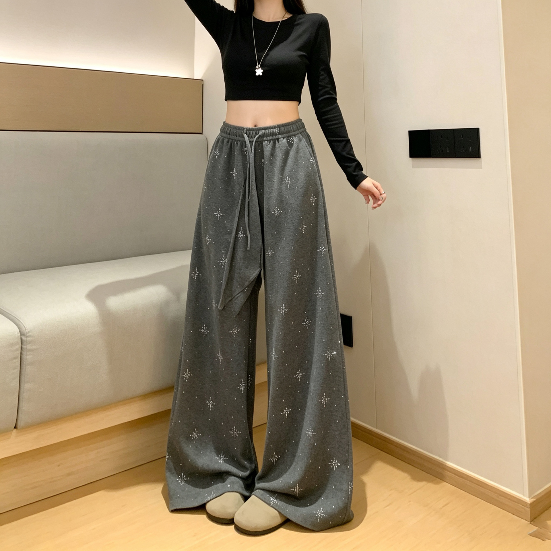 韩版烫钻复古运动休闲卫裤女秋美式慵懒风松弛感宽松阔腿裤长裤子