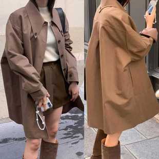 French Retro Elegant Pointed Collar Maillard Wear Brown Loose Casual Coat Coat