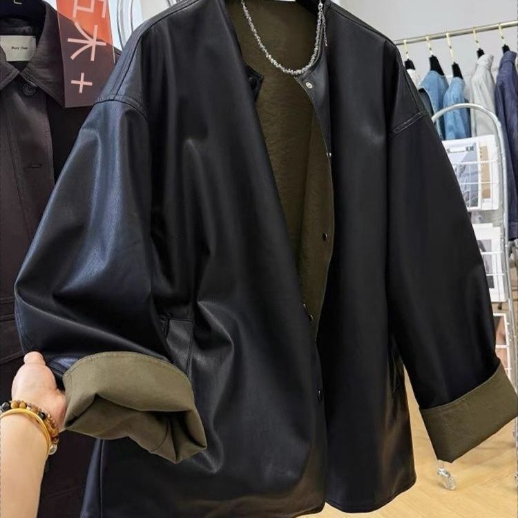 2025超火新款慵懒风宽松休闲两面穿圆领皮衣外套女秋冬pu皮夹克|undefined