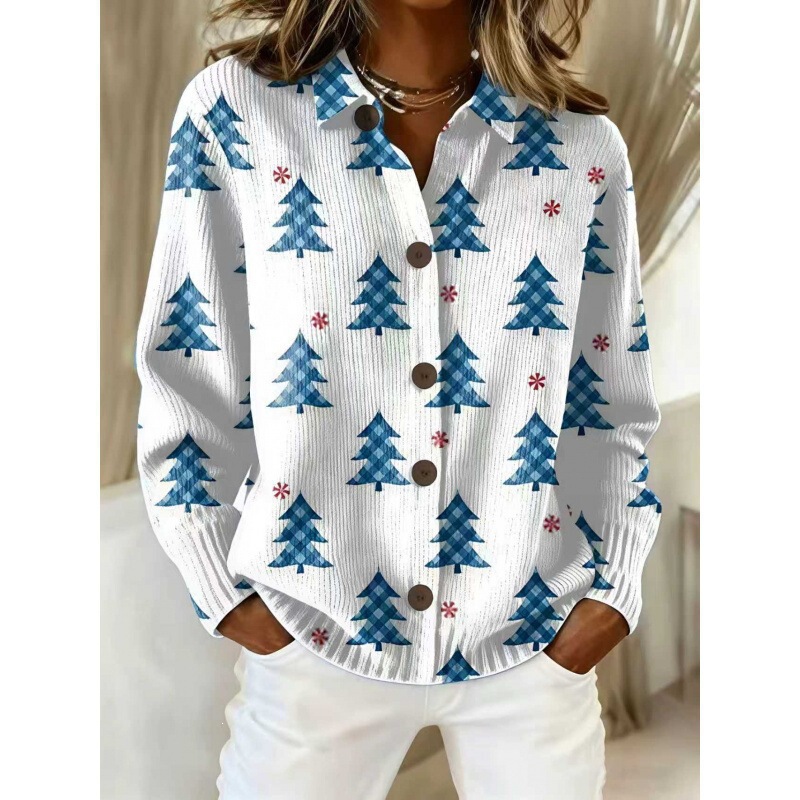 Cross-border foreign trade Christmas pine tree print turn-down collar shirt, single-breasted, long-sleeved, with pockets, festive women's casual top Cross-border foreign trade Christmas pine tree print turn-down collar shirt, single-breasted, long-sleeved, with pockets, festive women's casual top