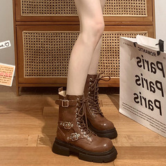 English-style small size brown thick sole western cowboy boots for girls, 2024 new autumn retro chunky heel martens boots