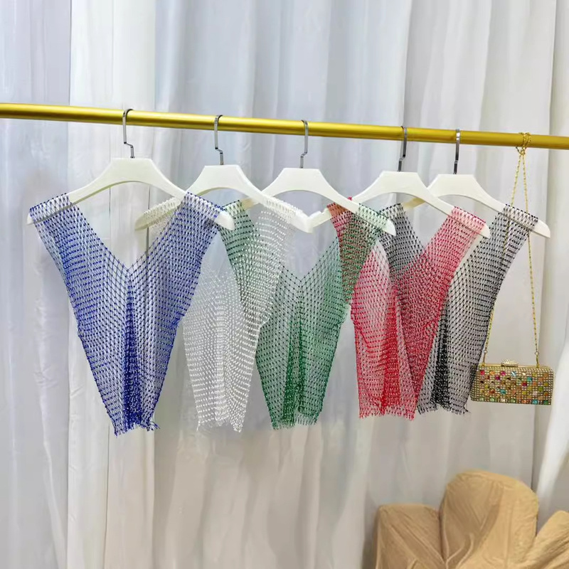 Dropshipping 2024 Summer Fishnet Hollow Out Small Vest Party Diamond Fashion Sexy Colorful Diamond Vest Wholesale
