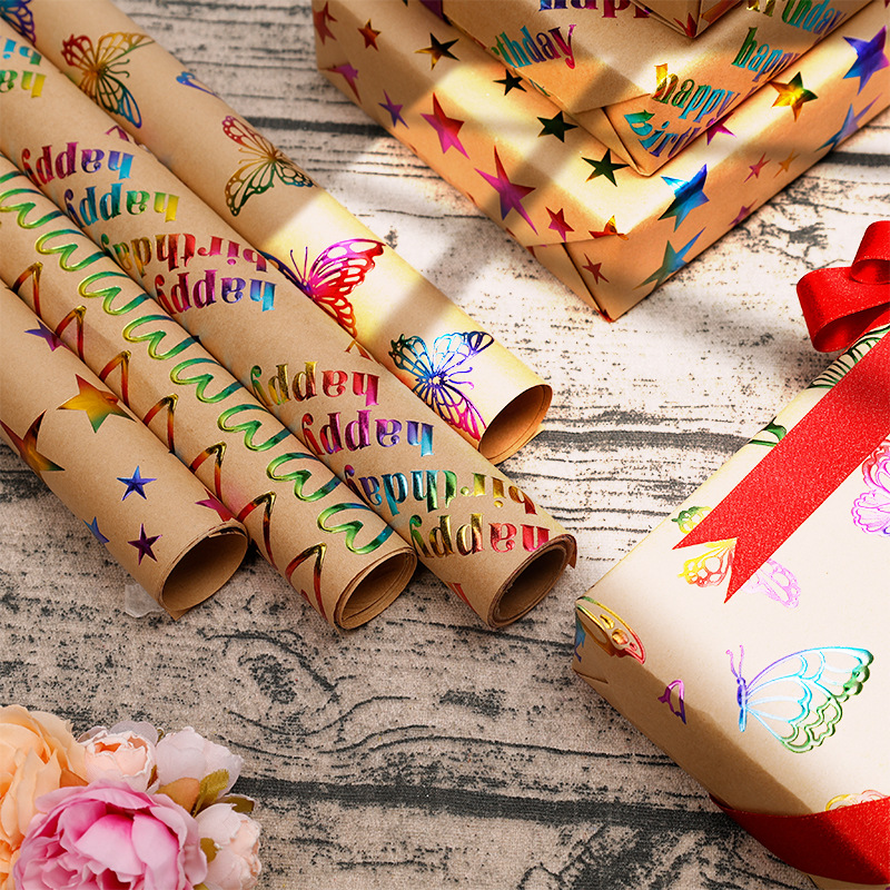 Transfronterizos para feliz cumpleaños, regalo de San Valentín, papel de embalaje de alto nivel, estampado concavo, rollo de kraft retro