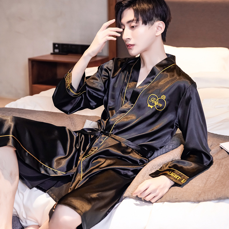 S002 나이트가운 남성용 럭셔리 블랙 벨트 쇼츠