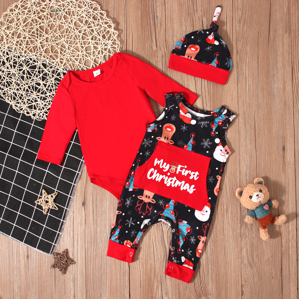 Natale Bambini primavera e autunno Natale vestito bretelle + tuta triangolare da arrampicata + cappello tre pezzi abbigliamento per bambini ins_voghion.com