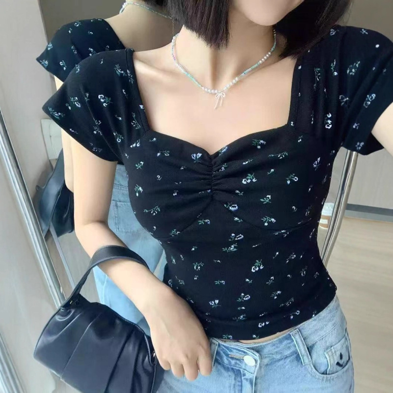 港风复古碎花方领短袖T恤女夏季新款设计感小众修身显瘦别致上衣|undefined
