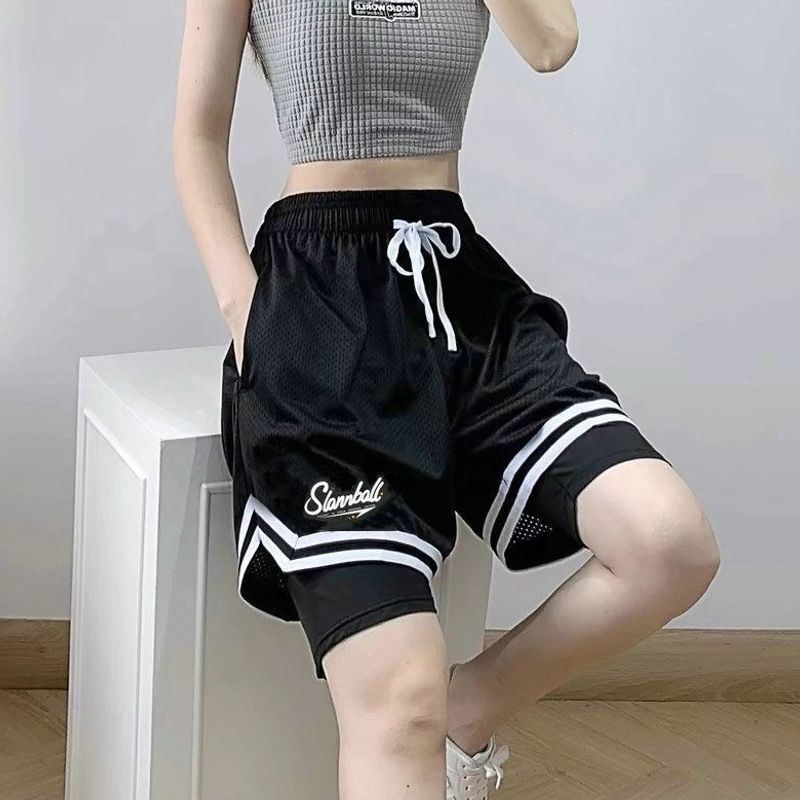 American-Style Basketball Shorts with Lining for Women, Two-In-One Design, Suitable for Student Sports Training, Running, and Anti-Exposure, Three-Quarter Length Shorts