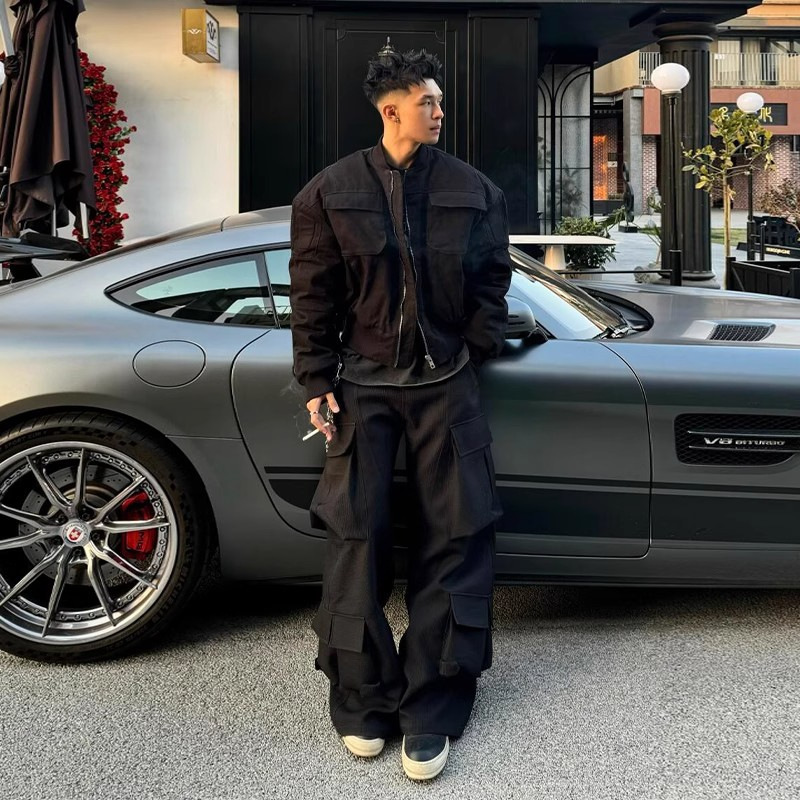 American High Street Multi-Pocket Cargo Pants for Men, Spring and Autumn High-End Stylish Silhouette Pants, Loose Straight Wide-Leg Pants