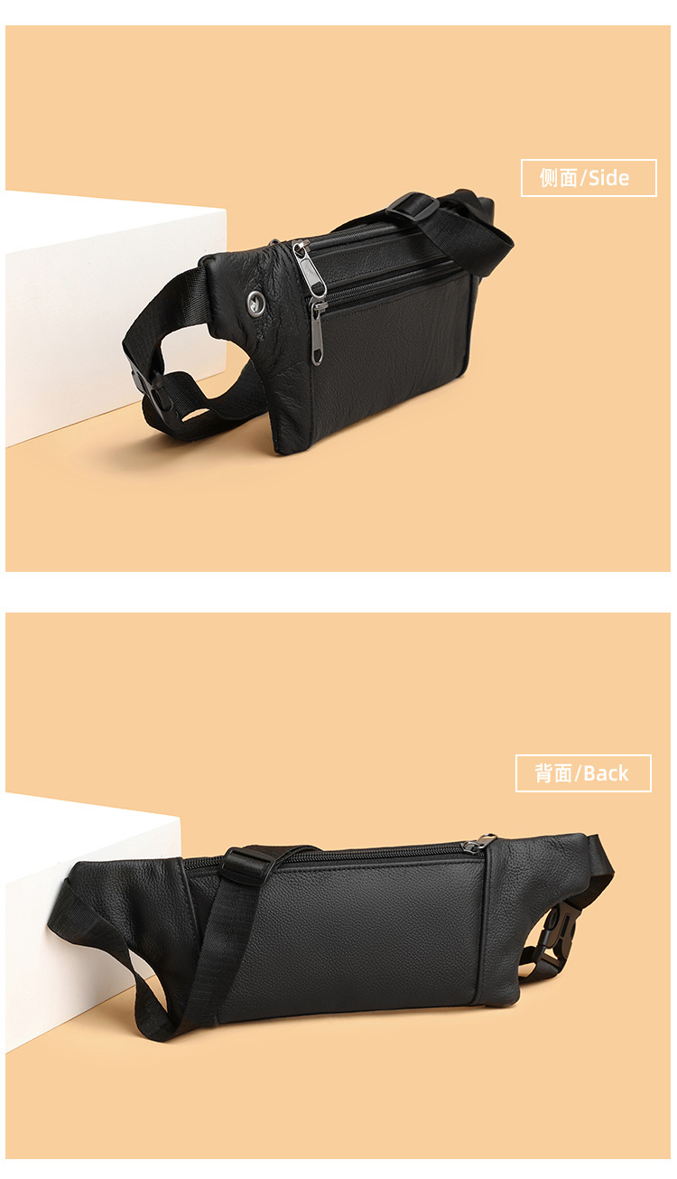 94g Weight Polyester Lining Material Sewing Thread Fashion Element Zipper Closure Type Sling Strap Strap Type Fanny Pack Bags Type Casual Occasion Genuine leather Material Solid Color Pattern All Seasons Season Men's Gender Streetwear Style Square Shape Men's Streetwear Solid Color Genuine Leather Men's Waist Bags 3