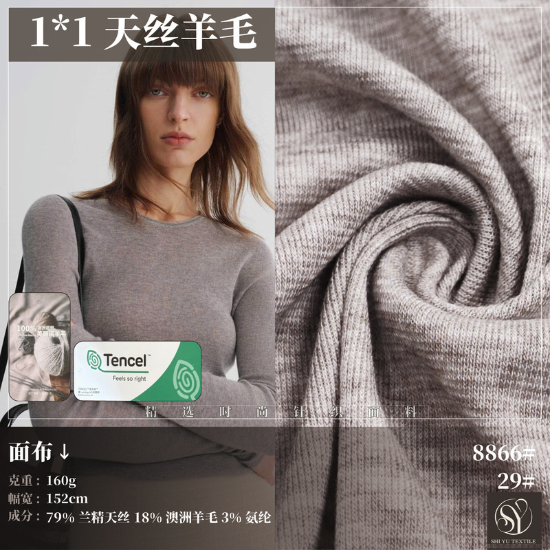1*1 Tencel Wool Fabric Spring and Summer Lyocell Merino Wool High-End Base Layer Knit Fabric Factory