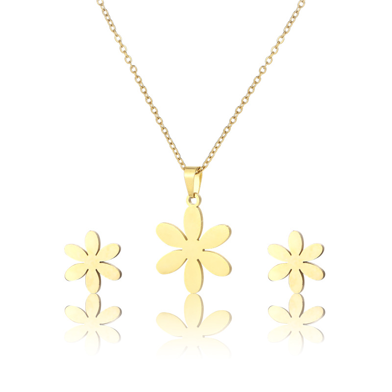 Polishing Design Simple Style Style Fashion Stainless Steel Flower Shape Necklace Earrings Set