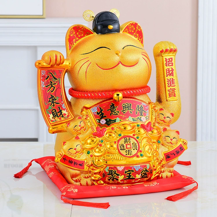 Ceramic Lucky Cat Automatic Waving Figurine, Golden, Plug-in or Rechargeable, Medium–Extra Large