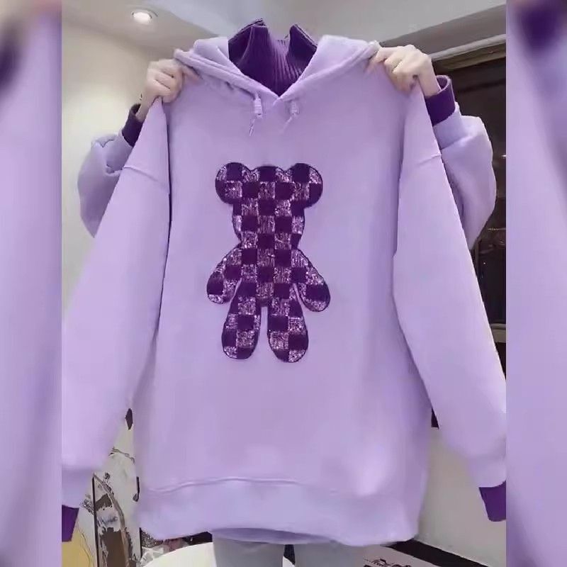 Huamian Composite Fat mm 150kg Half Turtle Collar Hooded Towel Embroidered Cartoon Bear Loose Fake Two-Piece Sweater Women's Jacket Huamian Composite Fat mm 150kg Half Turtle Collar Hooded Towel Embroidered Cartoon Bear Loose Fake Two-Piece Sweater Women's Jacket