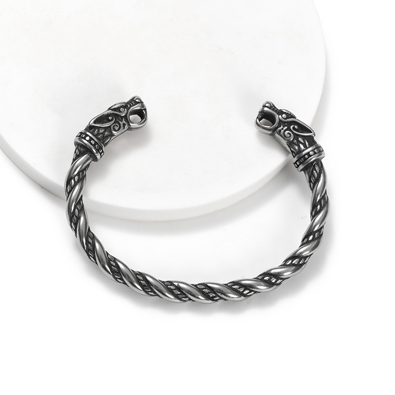 Men's Nordic Viking Dragon Head Open Bracelet Silver Style_voghion.com