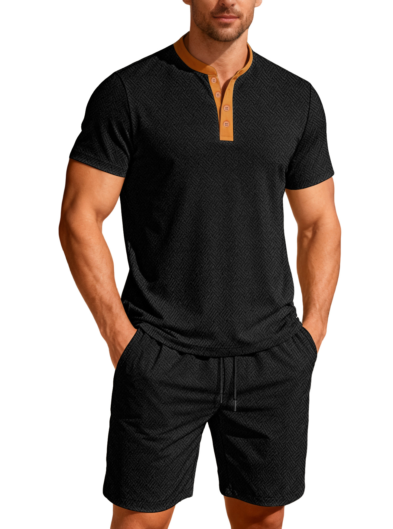 Nuevo comercio exterior transfronterizo de Europa y América verano hombre casual color redondo botón de cuello corto manga corta moda pantalones cortos hombre conjunto