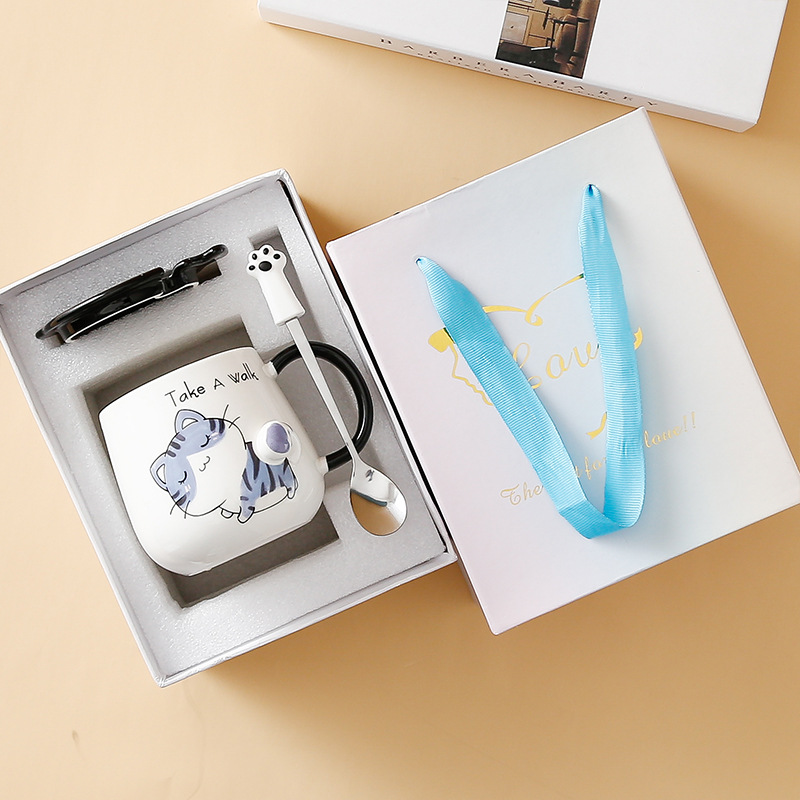 Taza de gato Mark con tapa Cuchara Taza de agua de cerámica Taza de pareja de dibujos animados de cerámica para hombres y mujeres Taza de desayuno de café de oficina