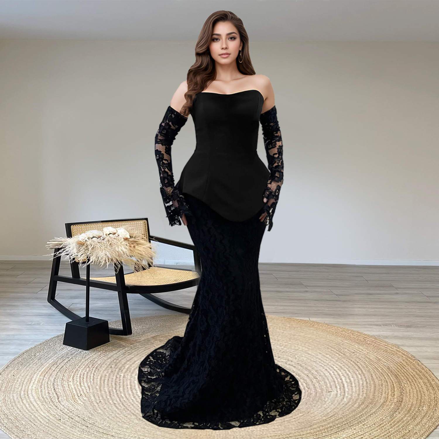 C7299 Cross-border AliExpress Amazon Moda europea y americana para mujer Traje de dos piezas de falda larga de encaje transparente superior de tubo sexy