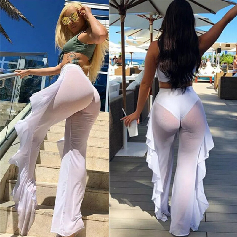 Amazon Women's Cross-Border European and American Solid Color Ruffled Sexy Vacation Casual Mesh See-Through Yoga Pants in Stock